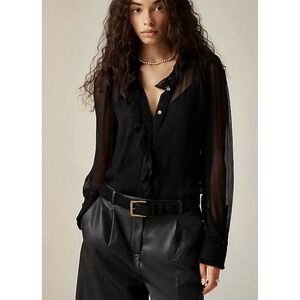 J.Crew Ruffle Button-Up Shirt Crinkle Chiffon‎ with Cami Black Size 8 CF436 NEW